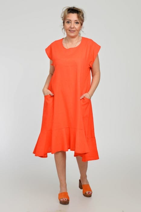 Rochie midi A-line din in mercerizat cu buzunare si volan