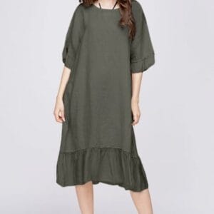 Rochie midi din in kaki cu volane din matase si funda pe spate măsuri mari