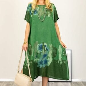 Rochie oversize din in cu imprimeu abstract pe fond verde măsuri mari