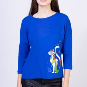 Tricou albatru electric cu imprimeu pisica colorata măsuri mari