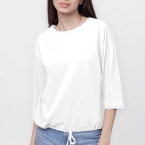 Tricou uni cu maneca 3 4 din tricot de bumbac cu snur la baza