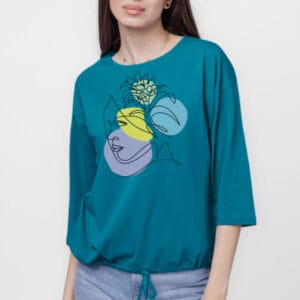 Tricou uni cu maneca 3 4 din tricot de bumbac cu snur la baza