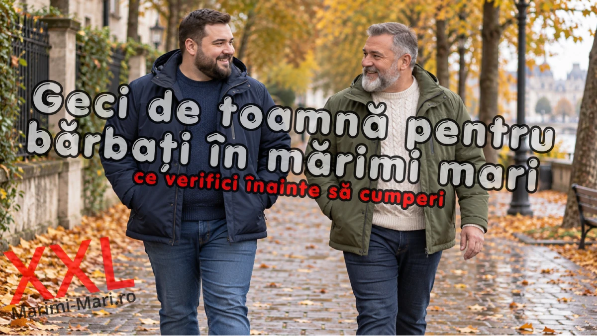 Doi bărbați poartă geci bleumarin și verde olive peste pulovere, pe o alee cu frunze de toamnă.