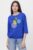 Tricou uni cu maneca 3 4 din tricot de bumbac cu snur la baza, albastru cu imprimeu chip stilizat mărime mare
